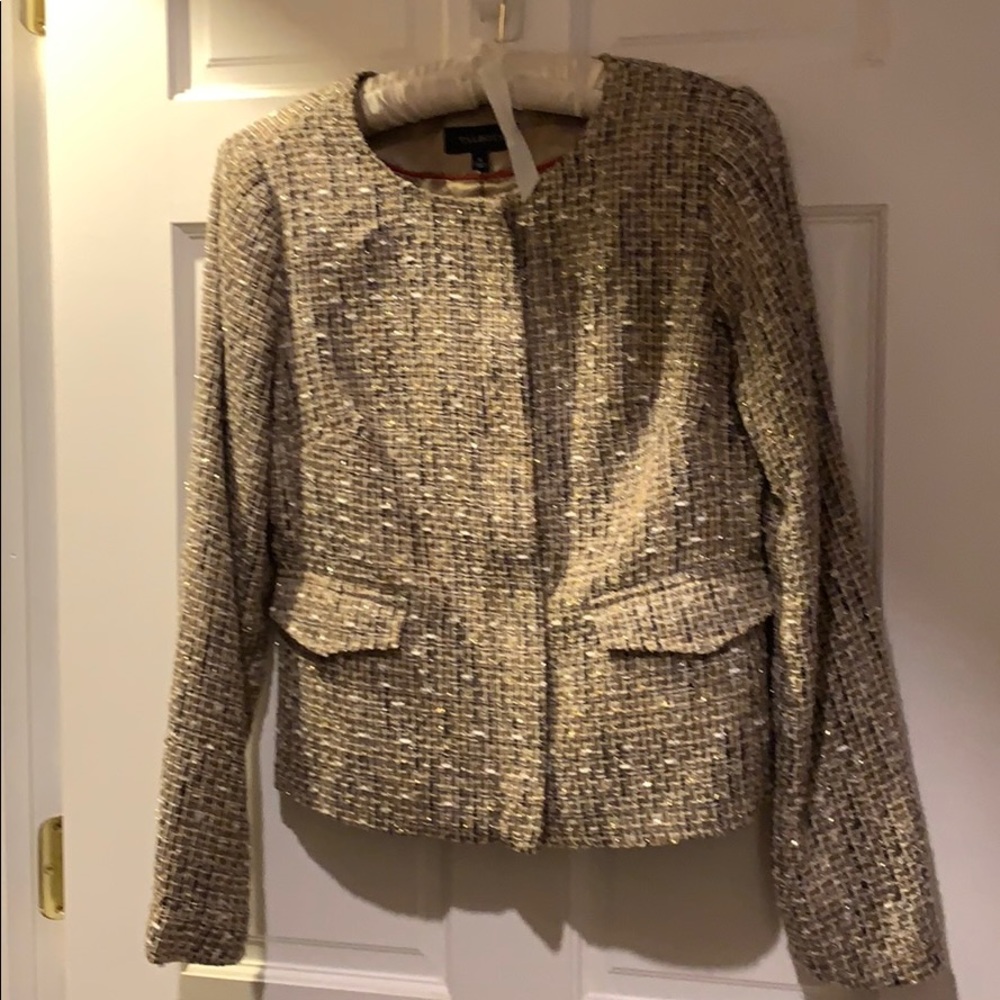 Talbots tweed jacket with gold threads.